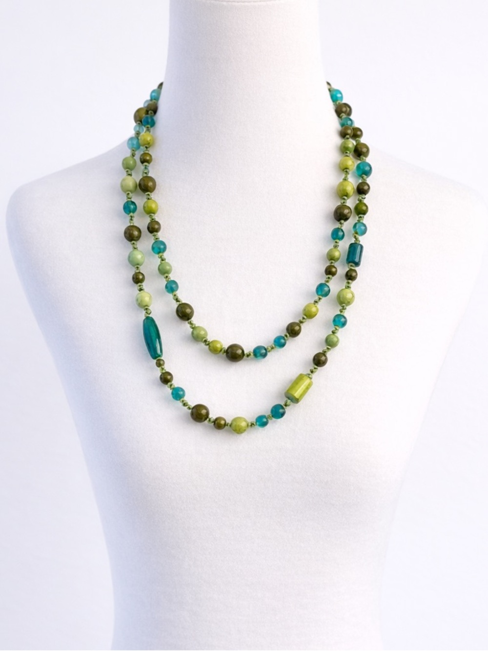 Handmade Hand-Knotted Beaded Necklace | Opera Length | Green & Blue Boho